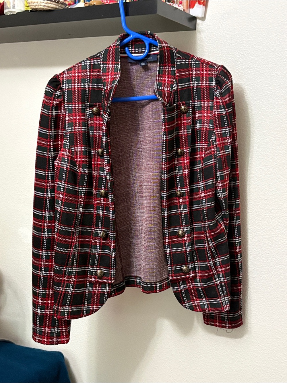 Tommy Hilfiger Women’s Red & Black Plaid Military Band Jacket Sz XS NWOT